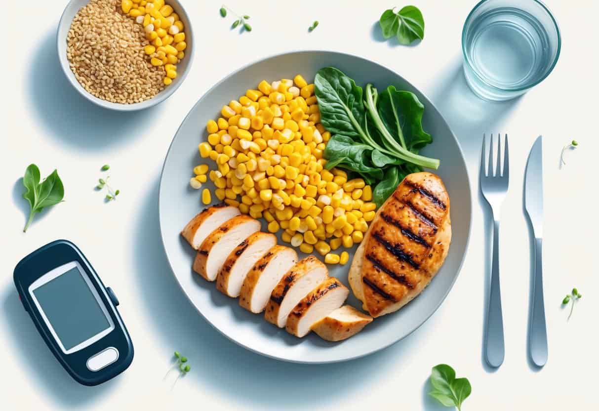A plate with cooked corn, leafy greens, grilled chicken, and whole grains, accompanied by a glucometer and a glass of water.