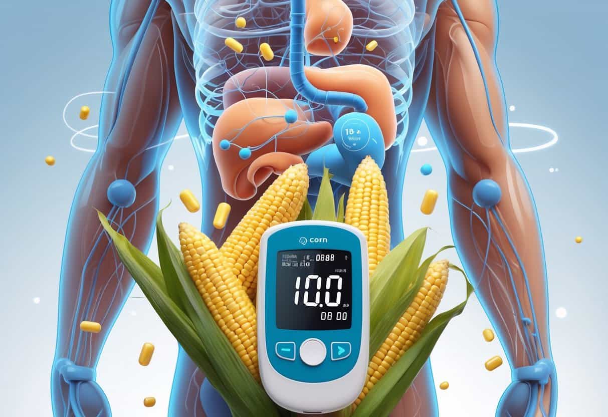 A medical illustration showing a human torso with highlighted pancreas and bloodstream alongside various corn foods and a glucose meter indicating blood sugar levels.