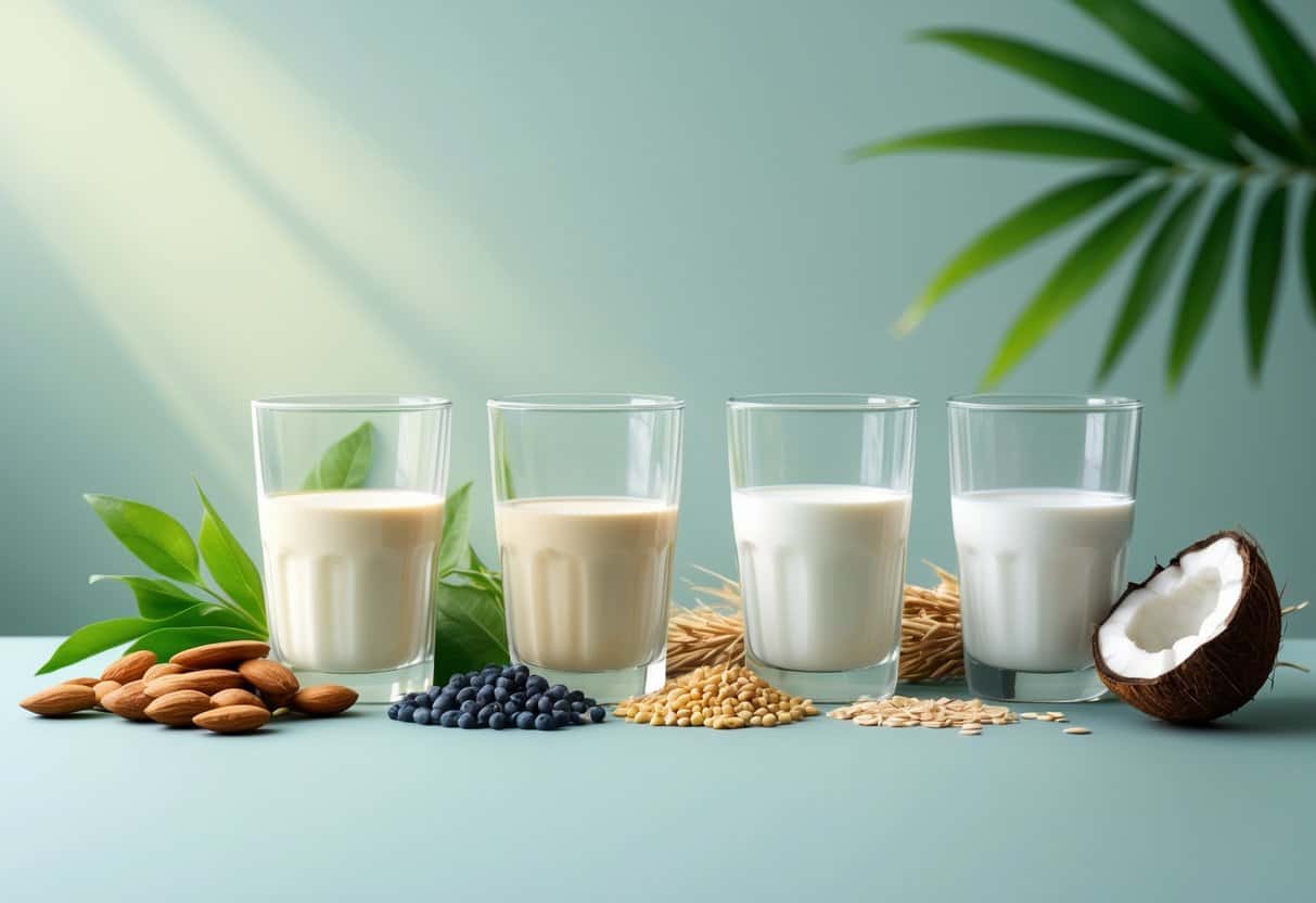 Four glasses of different milk alternatives with their natural ingredients displayed around them, arranged on a clean surface.
