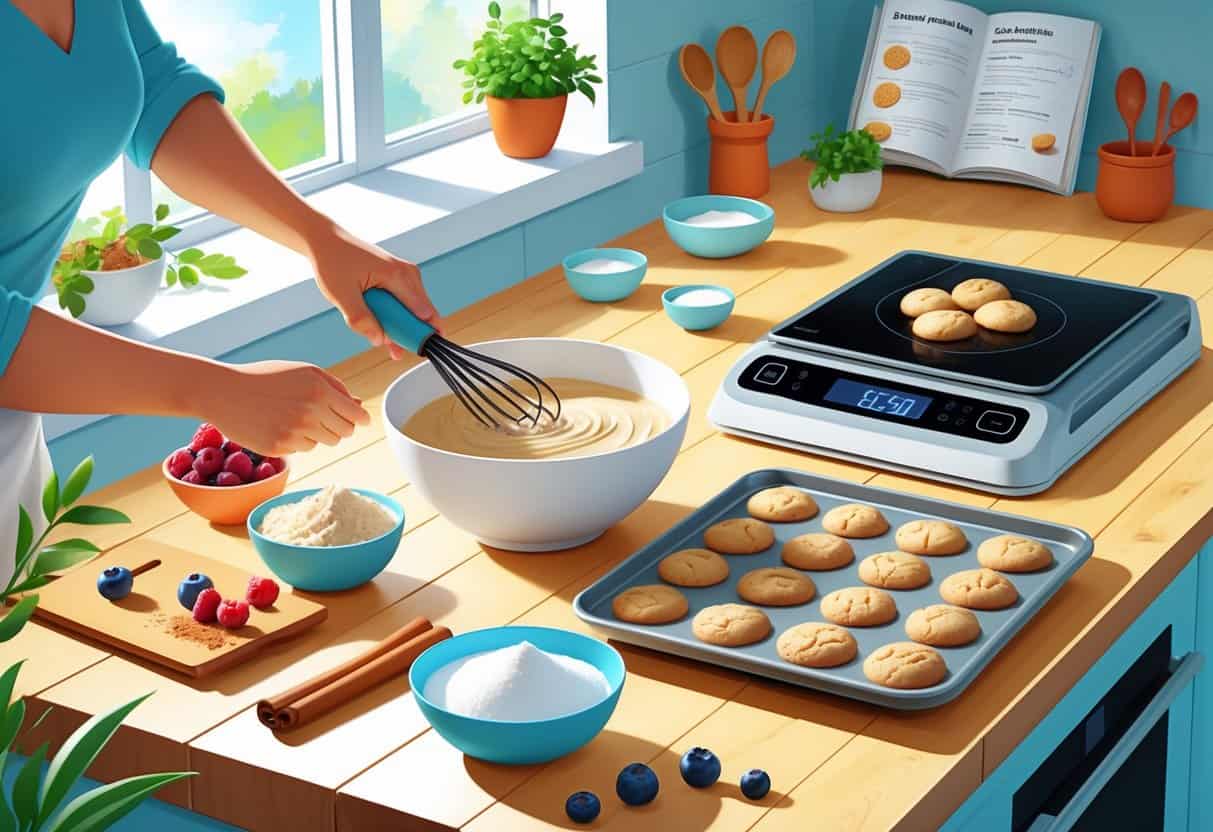 A kitchen countertop with ingredients and hands mixing batter to bake diabetic-friendly treats, including cookies and muffins.