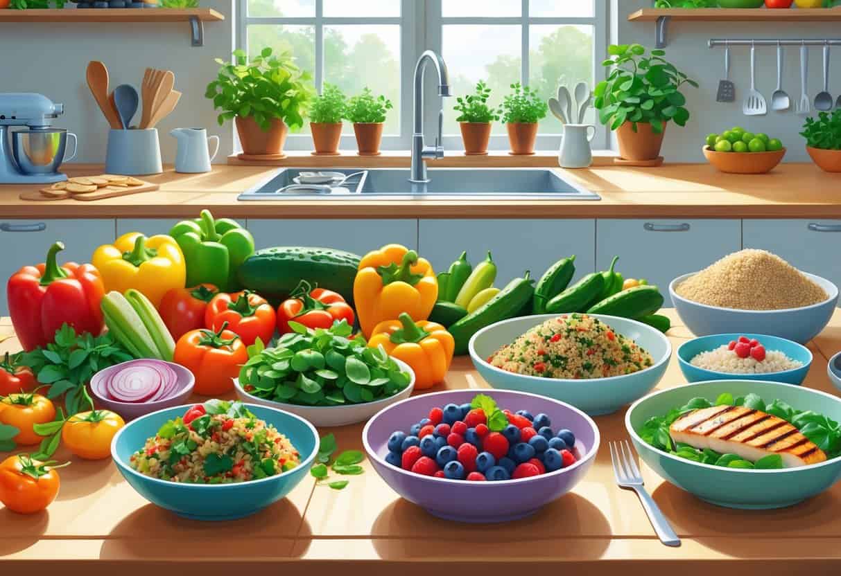 A kitchen countertop with fresh vegetables, whole grains, and healthy prepared dishes arranged neatly, with a modern kitchen and natural light in the background.