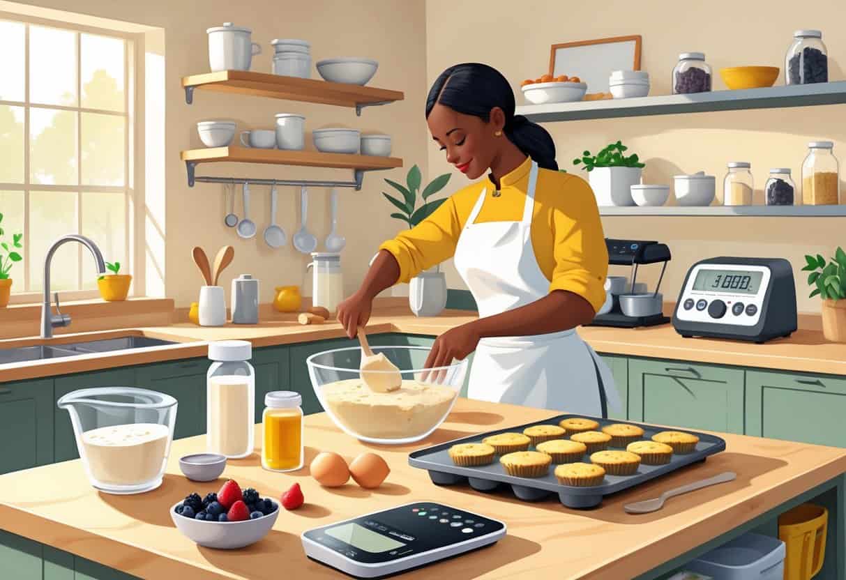 A person baking diabetic-friendly treats in a kitchen with ingredients like almond flour, sweetener, and fresh berries on the counter.