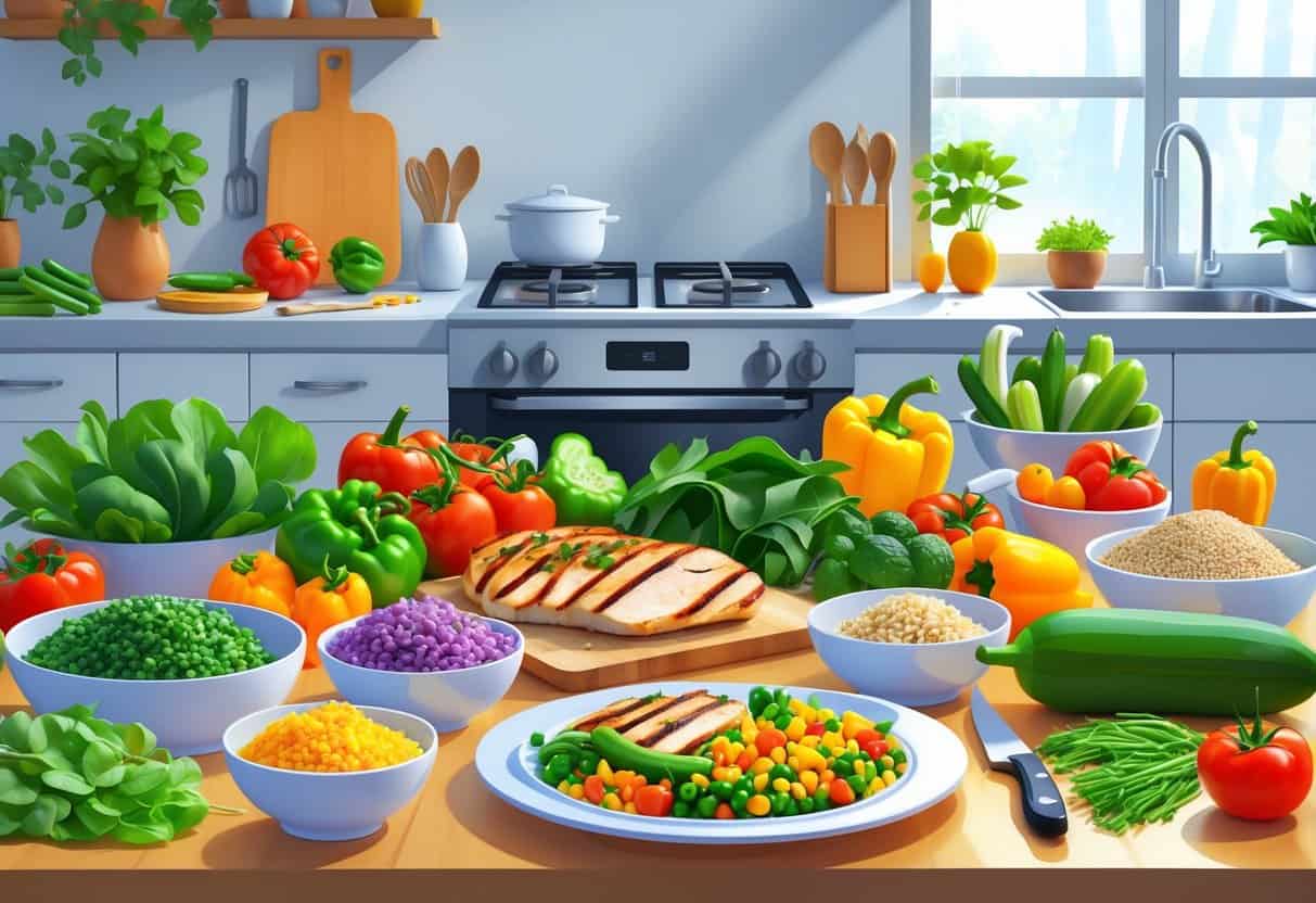 A kitchen countertop with fresh vegetables, grains, and a plated balanced meal including grilled chicken and steamed vegetables.