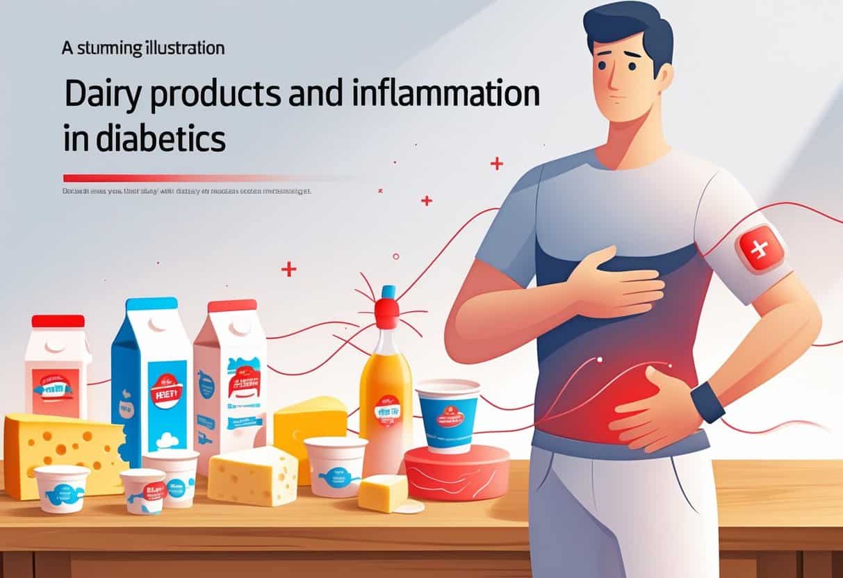 A person with diabetes holding their stomach next to various dairy products with red glowing effects indicating inflammation.