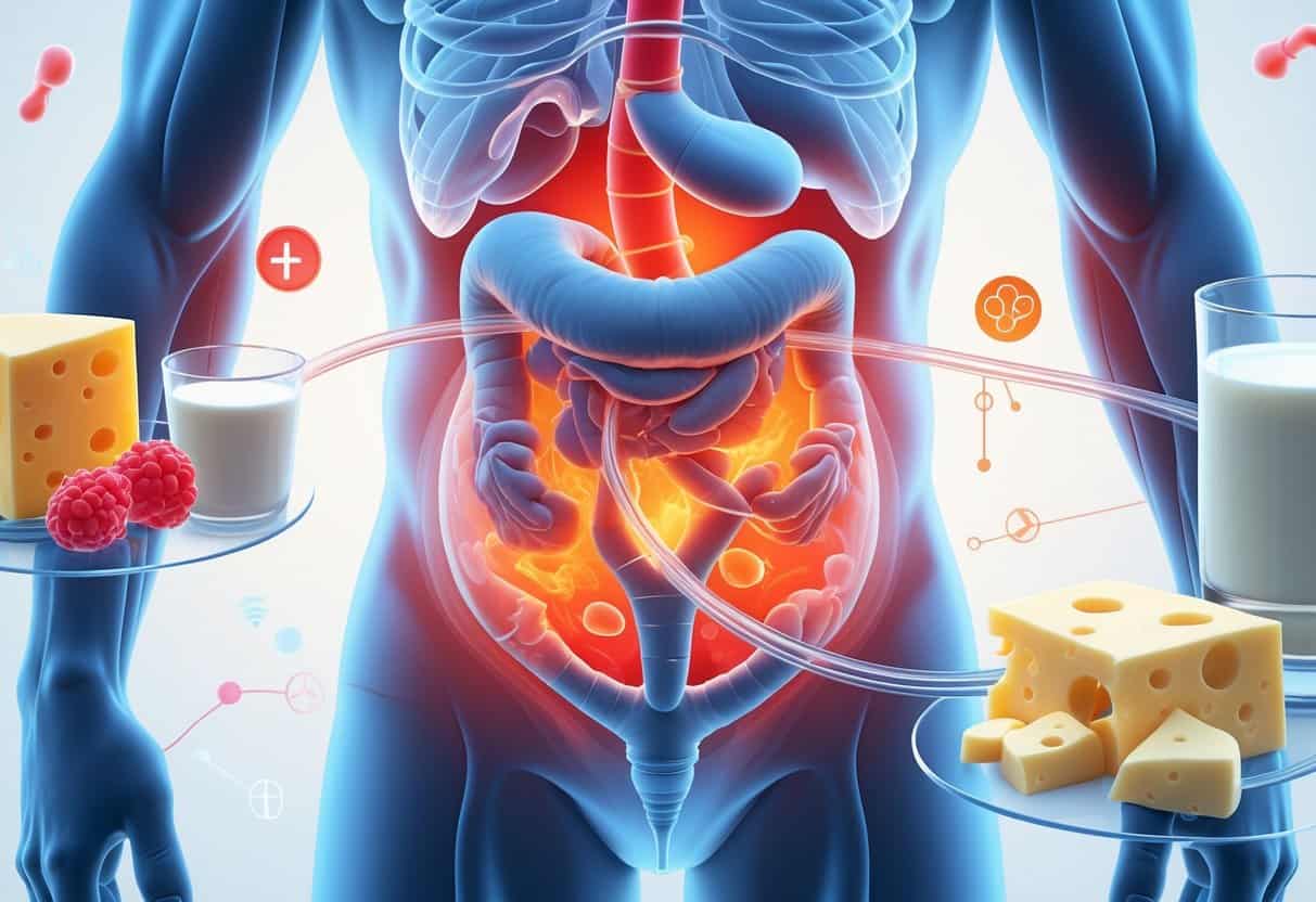 Illustration of a human torso showing the pancreas with inflammation and dairy products nearby connected by arrows, representing their impact on diabetes.