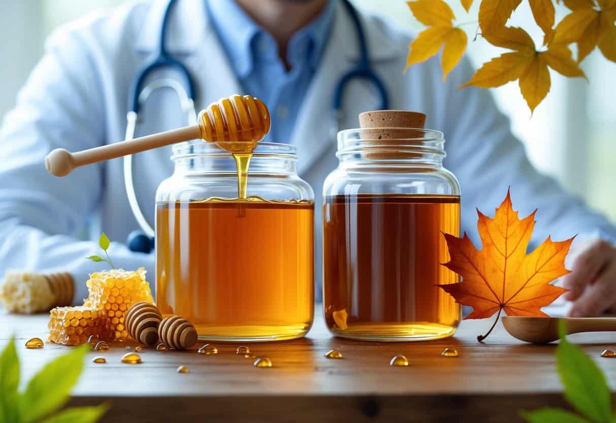Two jars on a wooden table, one with honey and a honey dipper, the other with maple syrup and a wooden spoon, surrounded by honeycomb and bees on one side and maple leaves on the other, with a glucose meter and stethoscope softly visible in the background.