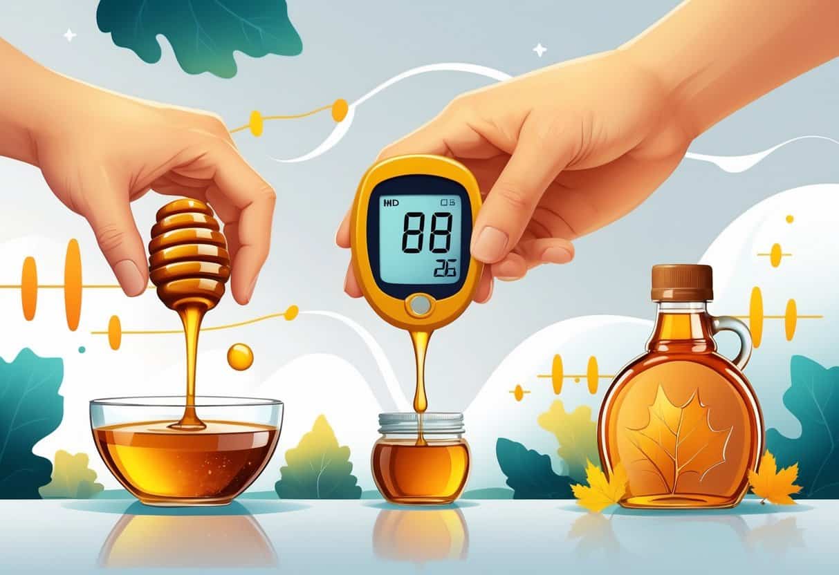 A person holding a glucose meter with honey and maple syrup jars nearby, symbolizing diabetes and blood sugar management.