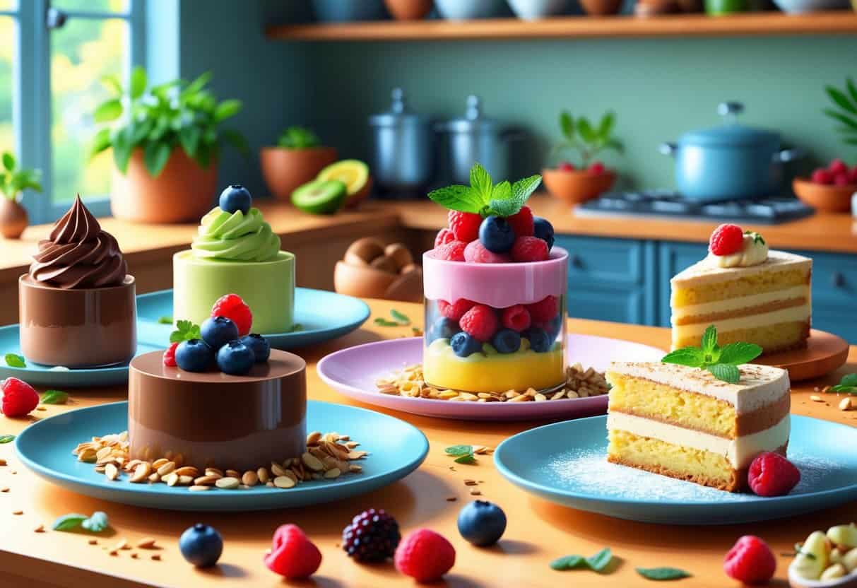 A kitchen countertop displaying a variety of sugar-free desserts including chocolate mousse, coconut panna cotta, berry parfait, and lemon cake with fresh berries and nuts.