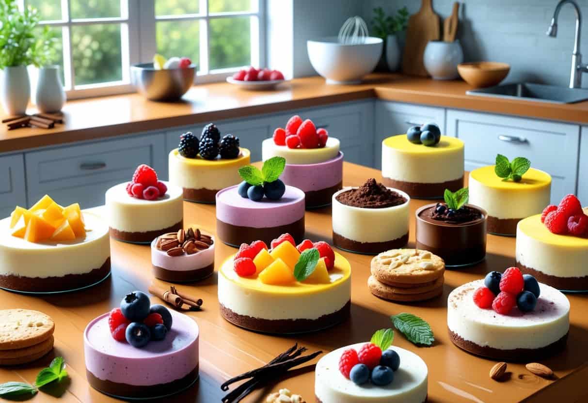 A kitchen table displaying a variety of sugar-free desserts including fruit-topped cheesecakes, chocolate mousse cups, almond cookies, and bowls of nuts and dried fruits with a modern kitchen in the background.