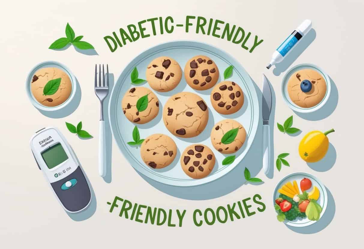 A plate of cookies next to icons of stevia leaves and monk fruit, alongside diabetes management tools like a glucose meter and insulin pen.