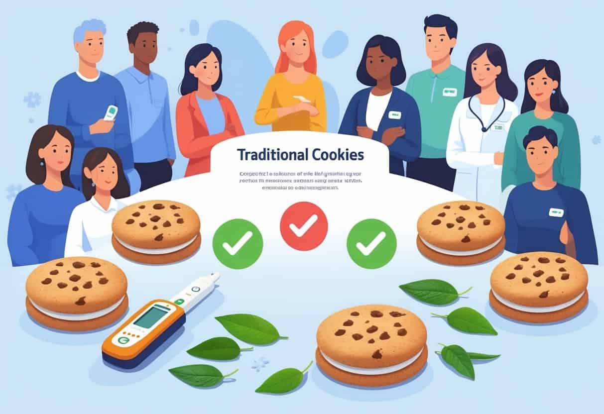 A group of people with diabetes examining traditional cookies and cookies sweetened with stevia and monk fruit, alongside blood sugar monitors and natural sweetener plants.