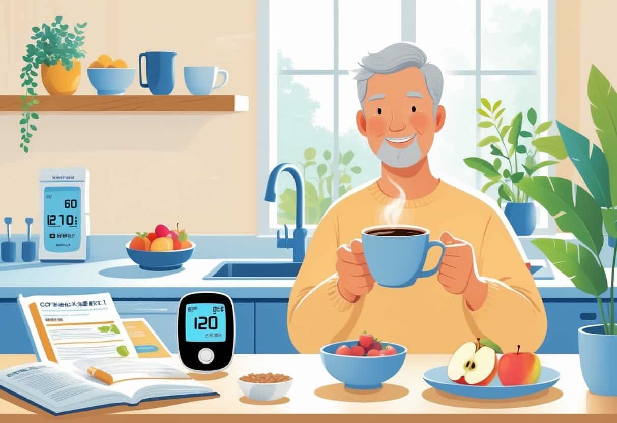 A person holding a cup of coffee in a kitchen with a glucometer, sugar-free sweeteners, fresh fruits, and a diabetes health book on the counter.