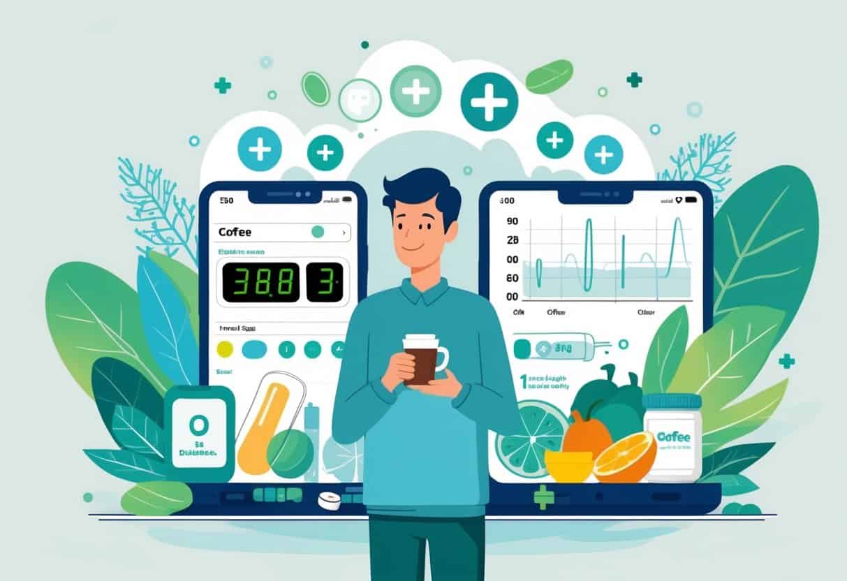 A person holding a cup of coffee surrounded by a glucose meter, insulin syringe, pills, and healthy foods like fruits and vegetables, with charts in the background representing blood sugar levels.