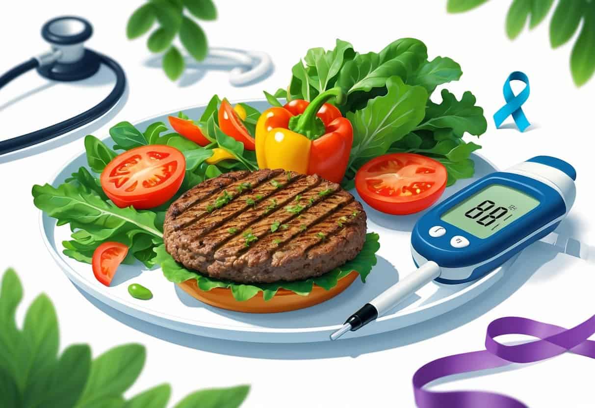 A plate with a plant-based burger patty and fresh vegetables next to a glucose meter showing stable blood sugar.