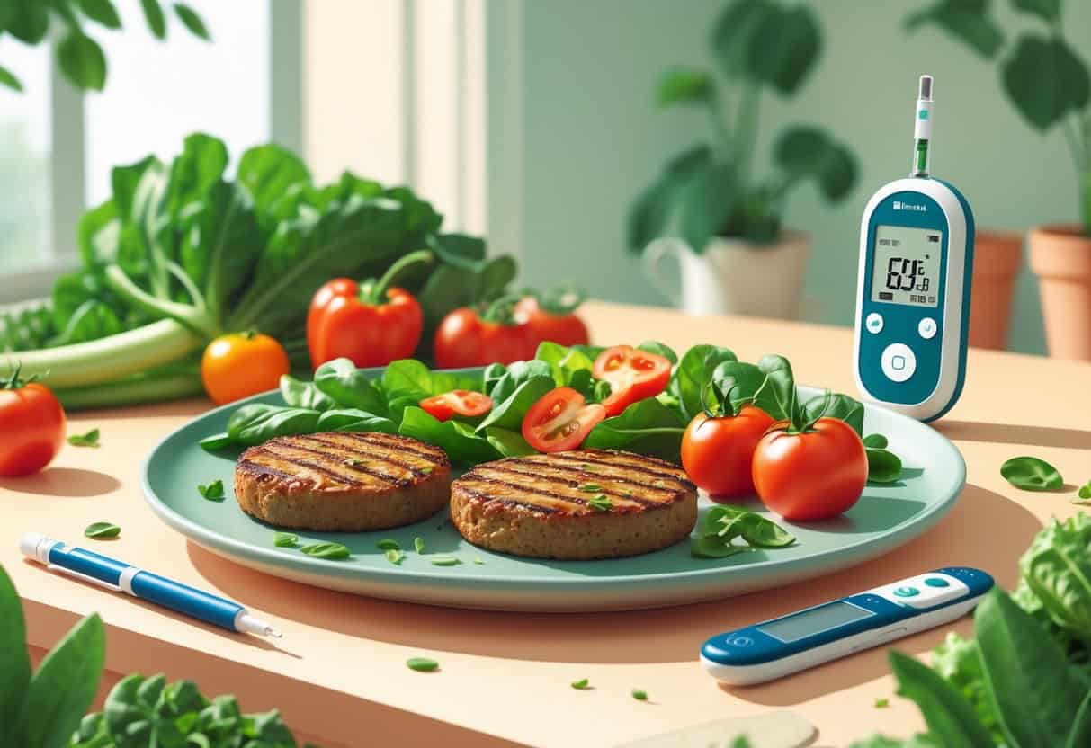 A plate with plant-based meat alternatives and fresh vegetables on a table, with a glucometer and insulin pen nearby in a kitchen setting.