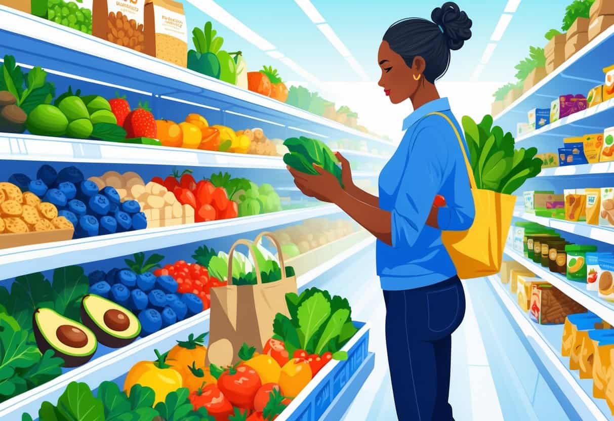 A person shopping for fresh fruits, vegetables, and healthy foods in a grocery store aisle.