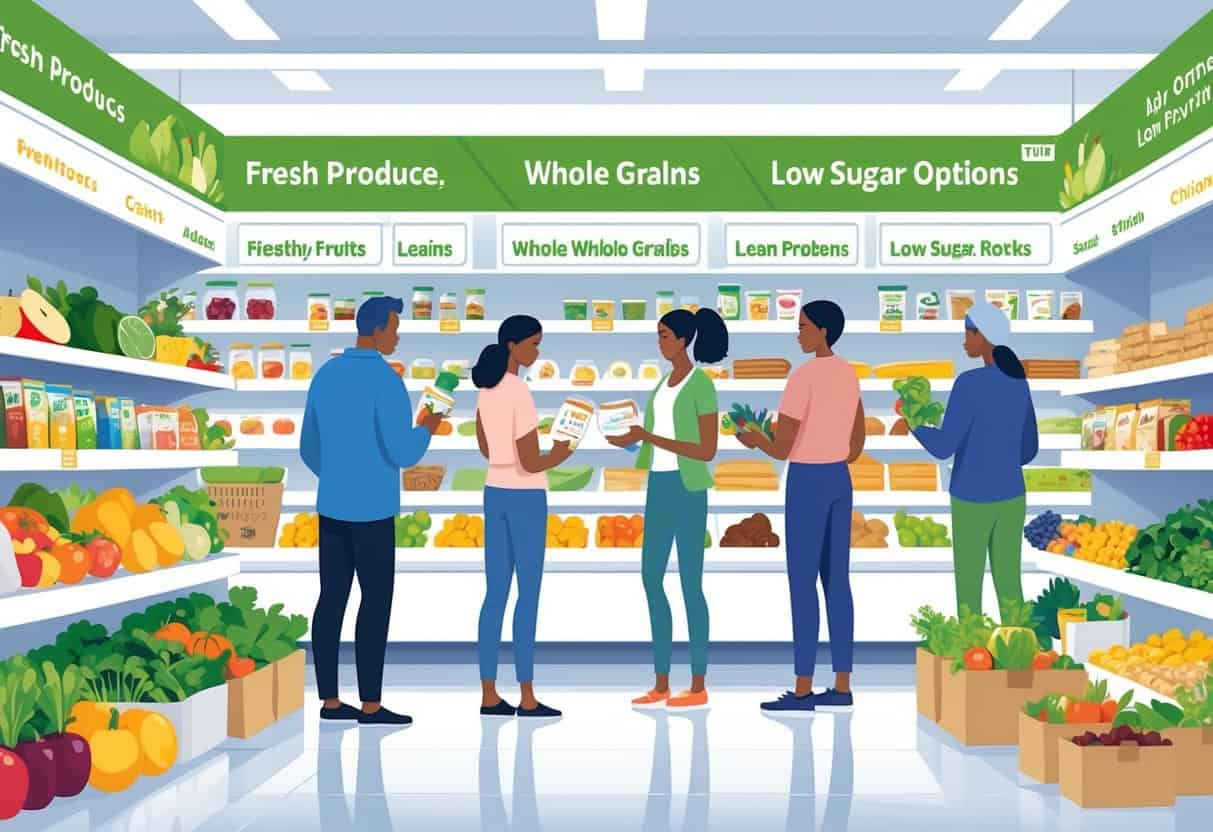People shopping in a supermarket aisle selecting fresh fruits, vegetables, and healthy foods suitable for diabetes management.