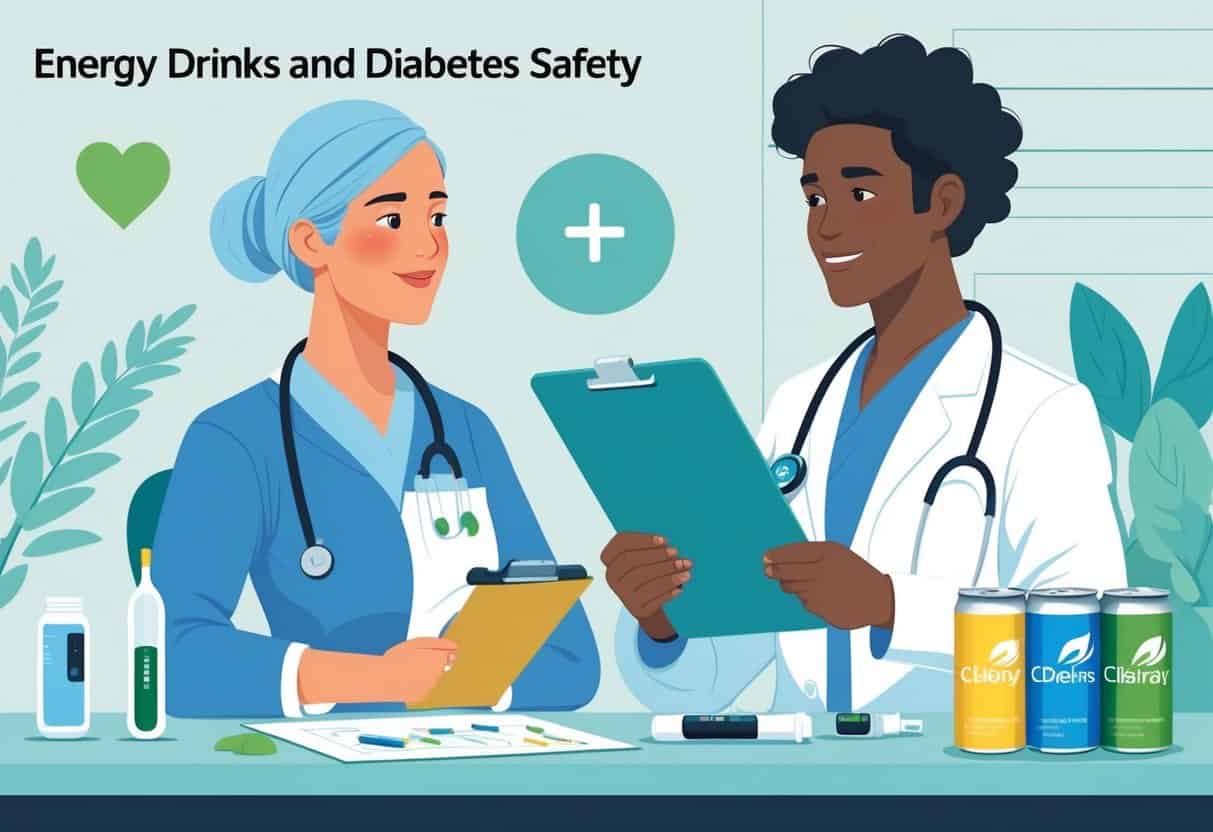 A healthcare professional talks to a patient in a medical setting with energy drink cans and diabetes-related medical items on a table.