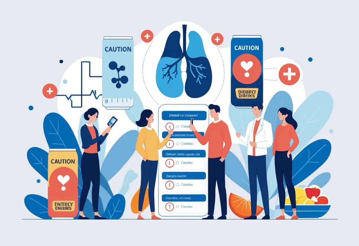 People managing diabetes with a glucose meter near energy drinks and medical symbols related to blood sugar and health.
