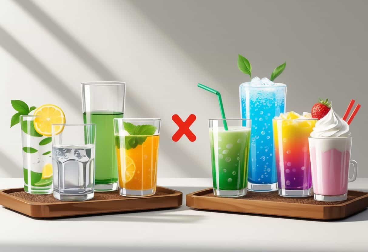 A comparison of healthy and unhealthy drinks for diabetics, showing water with lemon, green tea, and black coffee on one side, and soda, sugary fruit punch, and milkshake on the other.