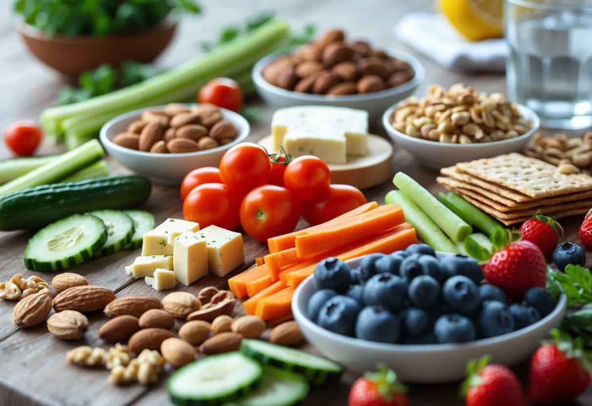 An assortment of diabetic-friendly snacks including fresh vegetables, nuts, cheese cubes, whole grain crackers, and berries arranged on a wooden table with a glass of water.