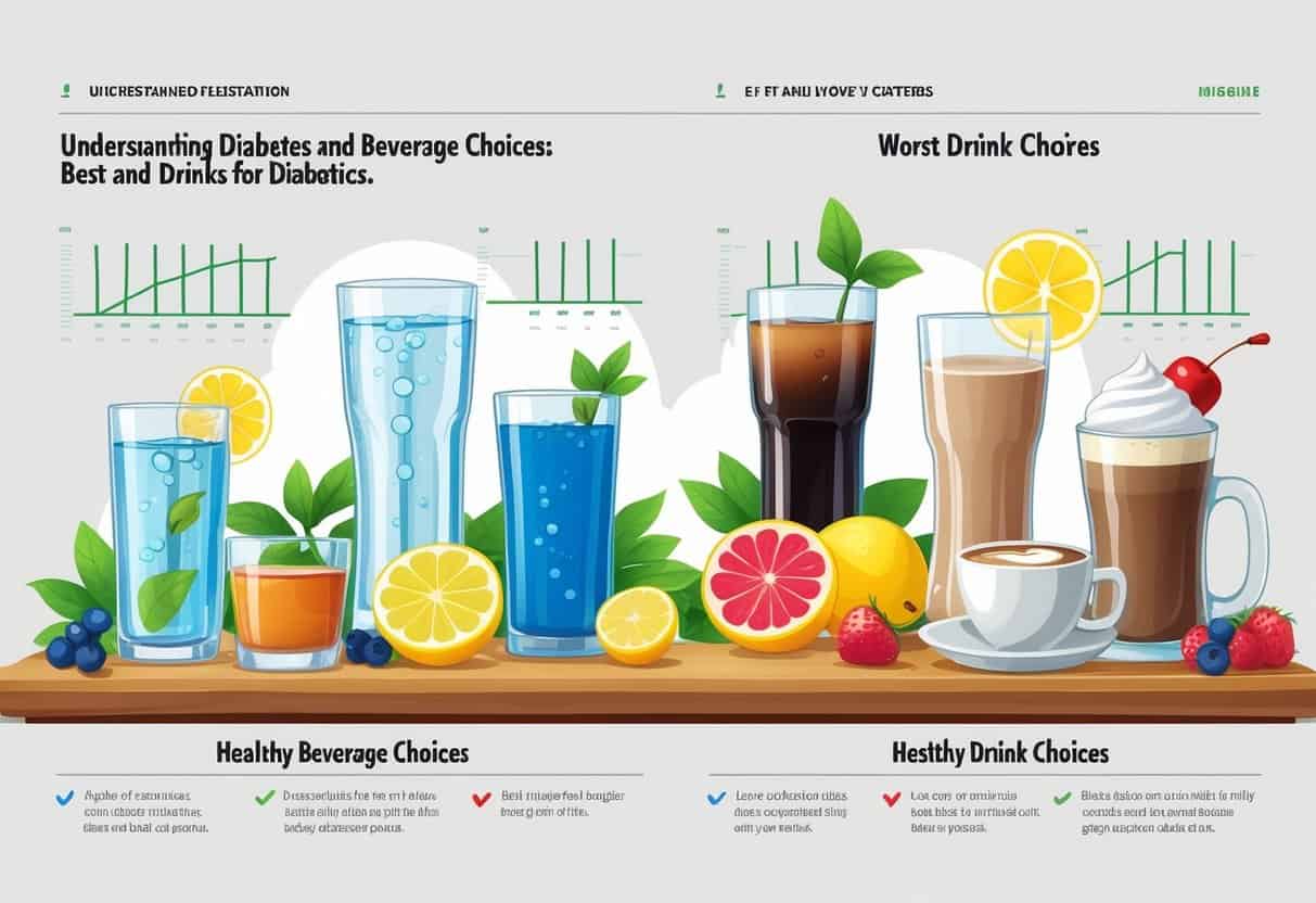 A split illustration showing healthy drinks like water, herbal tea, black coffee, and low-fat milk on one side, and sugary drinks like soda, fruit punch, creamy coffee, and milkshake on the other side, highlighting beverage choices for people with diabetes.