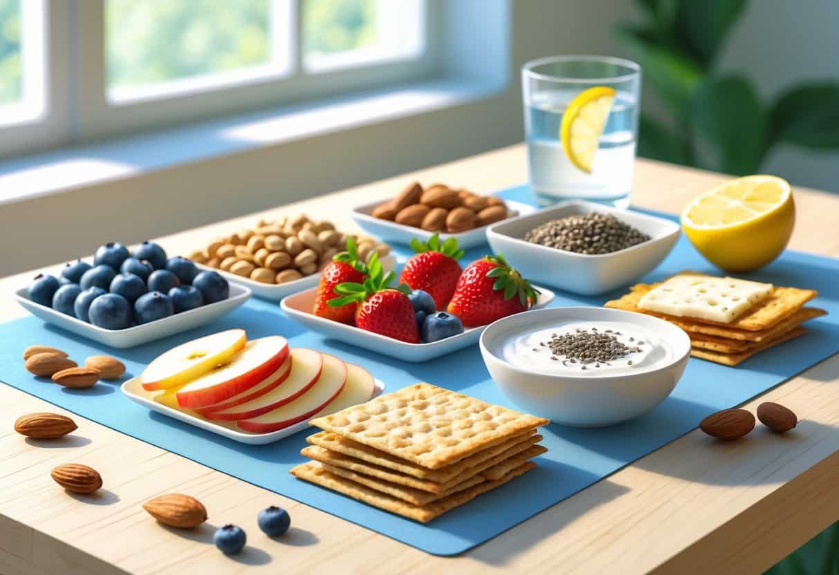 A table displaying a variety of diabetic-friendly snacks including fresh fruits, nuts, whole grain crackers with cheese, Greek yogurt with chia seeds, and a glass of water with lemon.