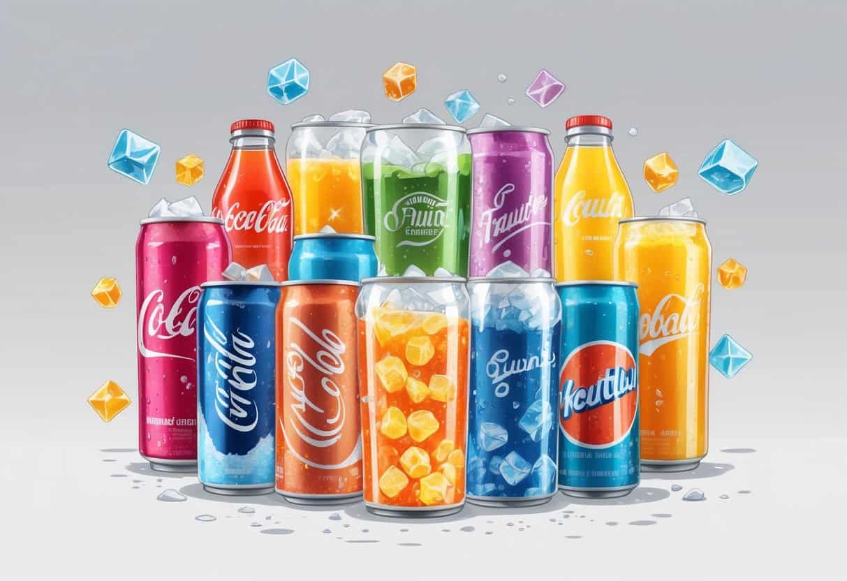 An illustration showing popular beverages like soda, fruit juice, and energy drinks with visible sugar crystals inside to highlight hidden sugars.