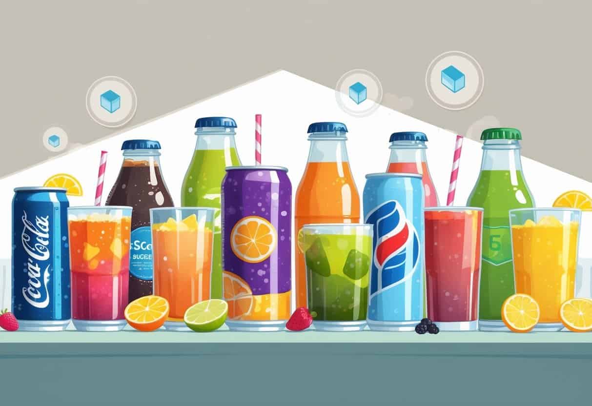 A variety of popular beverages on a table with visual indicators showing hidden sugars inside the drinks.