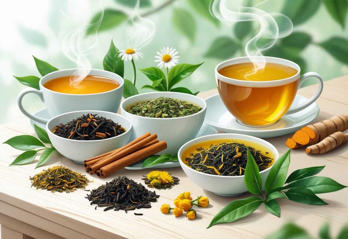 An arrangement of tea cups and various tea ingredients like cinnamon sticks, green tea leaves, chamomile flowers, and turmeric roots on a wooden surface with steam rising from the cups.