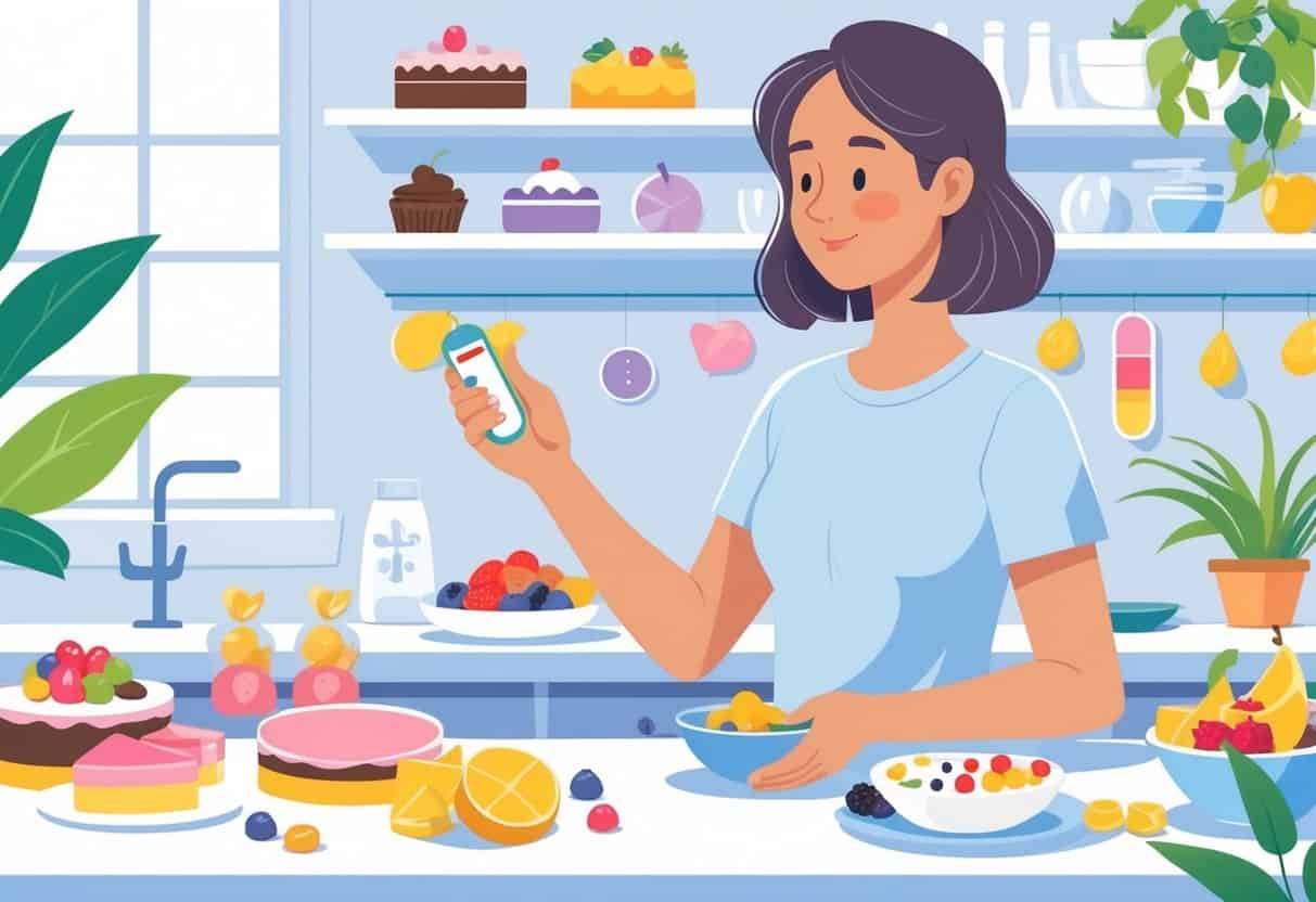 A person in a bright kitchen choosing fresh fruits and nuts over sweets, with a glucose meter showing stable blood sugar nearby.