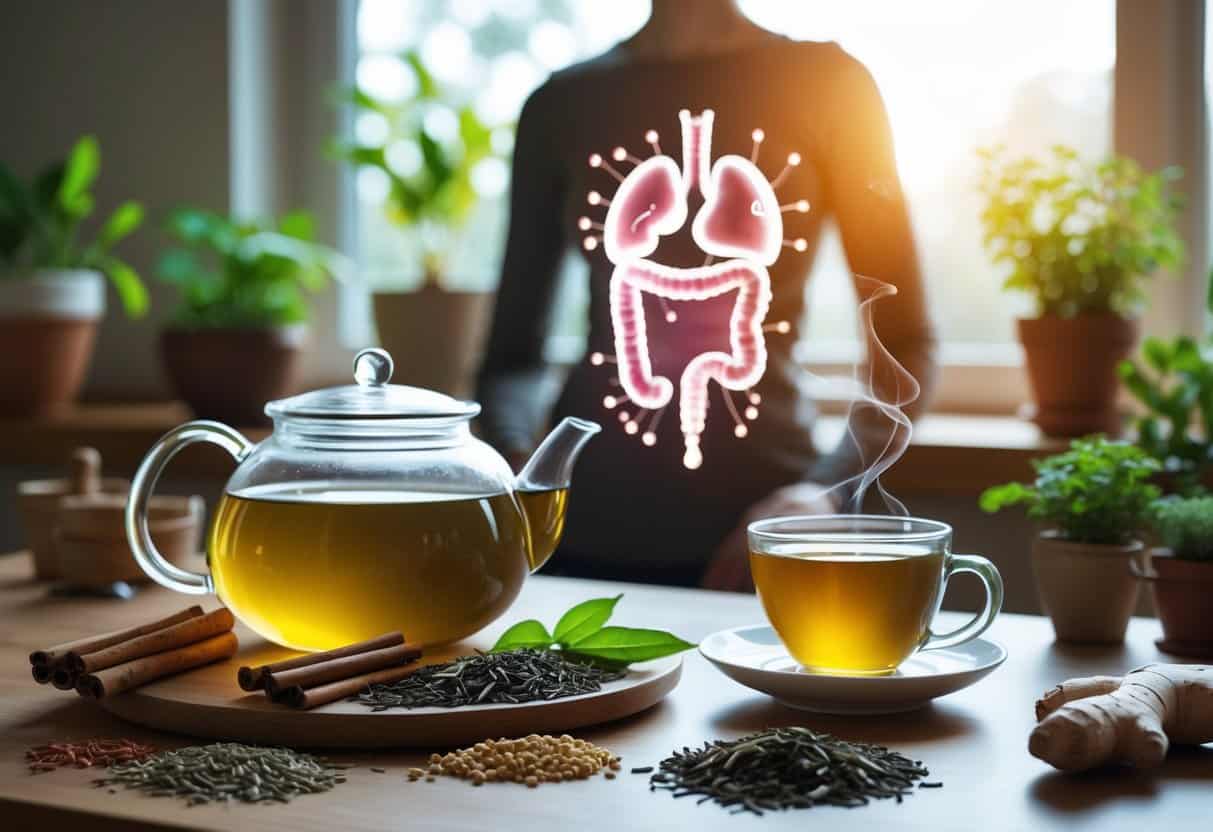 A kitchen scene with a teapot and cup of herbal tea surrounded by natural ingredients, with a faint human silhouette highlighting the pancreas and bloodstream.