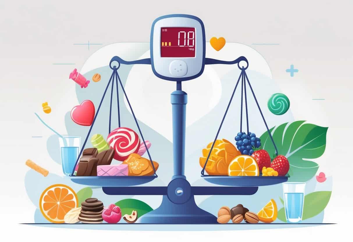 A balanced scale with sweets on one side and healthy foods on the other, with a blood sugar monitor showing a stable reading above.