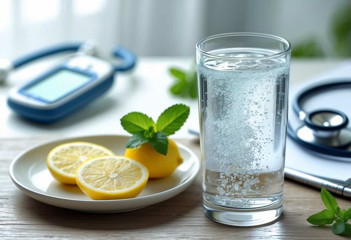 A glass of sparkling water with lemon slices and mint on a table, with a glucose meter and stethoscope blurred in the background.