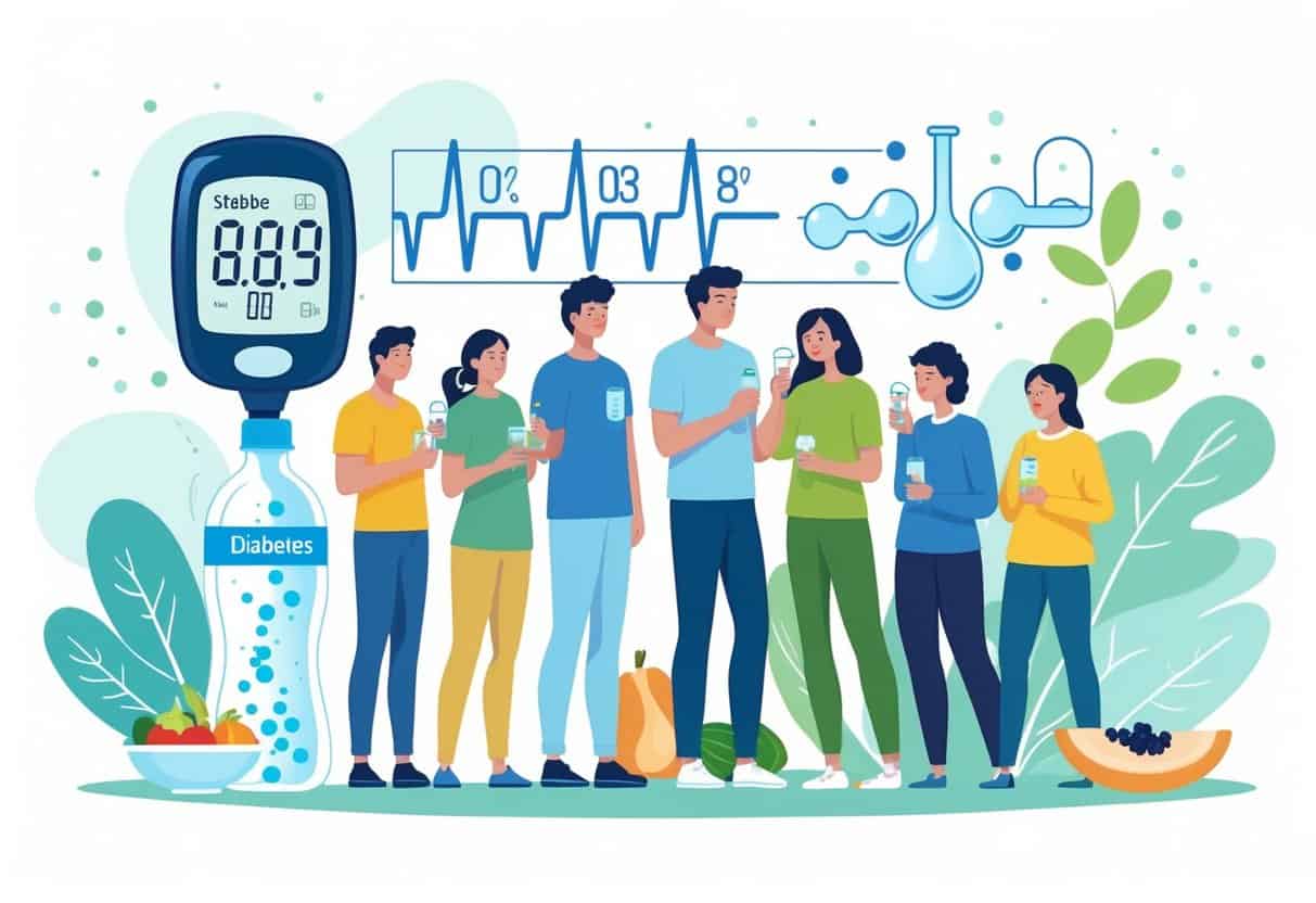 People managing diabetes with glucose meters and drinking sparkling water, surrounded by healthy food and symbols of blood sugar control.
