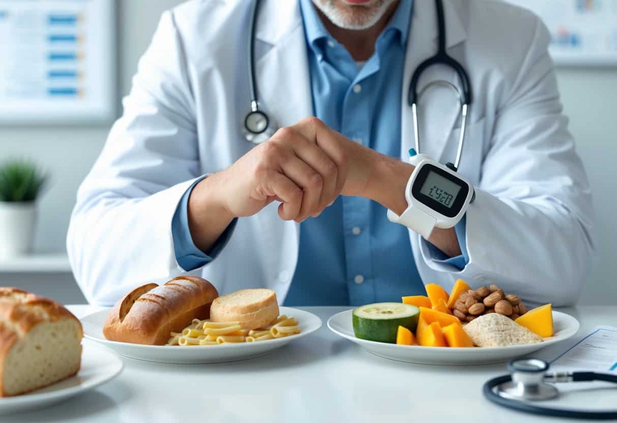 A person with a glucose monitor looks at two plates of food, one with bread and pasta, the other with fruits and vegetables, in a medical setting.