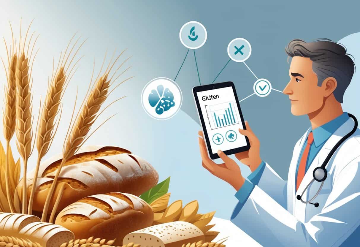 A person in a lab coat examining gluten-containing foods and a glucose monitor, with symbols representing gluten and diabetes.