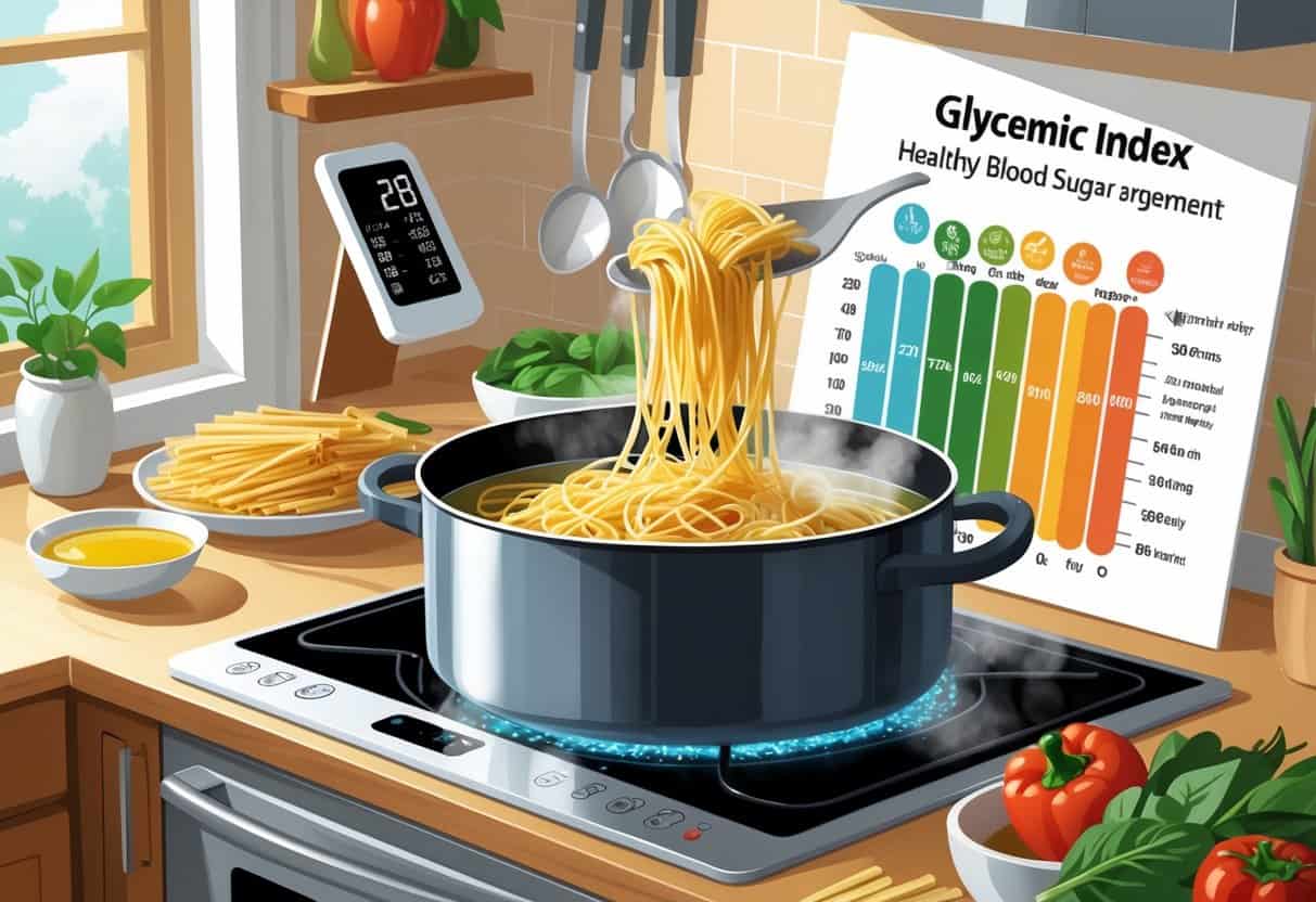 A kitchen scene showing pasta cooking on the stove with vegetables and cooking tools nearby, emphasizing healthy preparation methods.