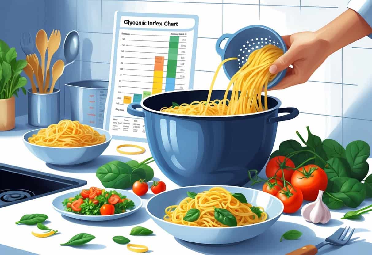 A kitchen scene showing cooked pasta being drained, fresh vegetables on the counter, and a balanced plate of pasta with vegetables and protein.