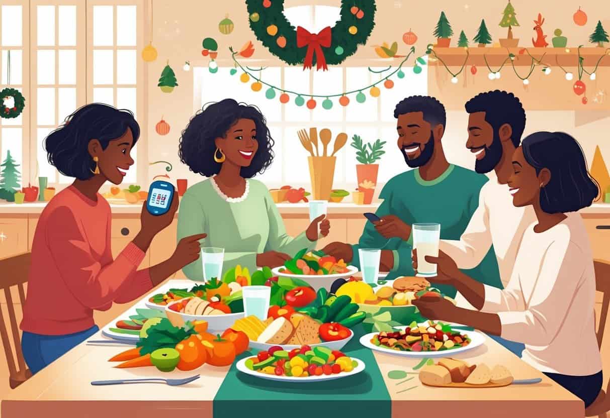 A family celebrating the holidays around a table with healthy food and a person checking their blood sugar.