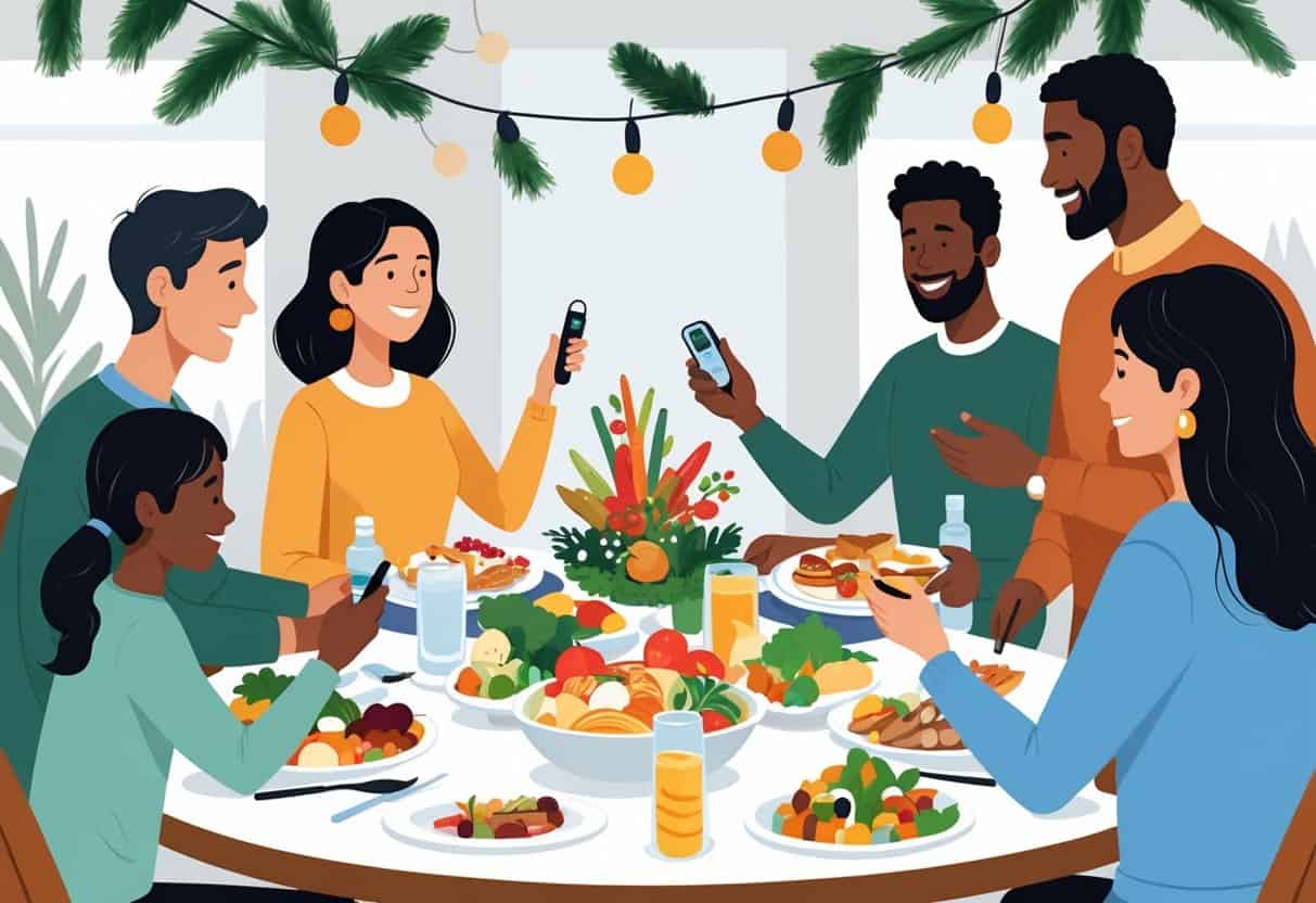 A family enjoying a holiday meal with healthy foods while one person checks their blood sugar level using a glucose meter.