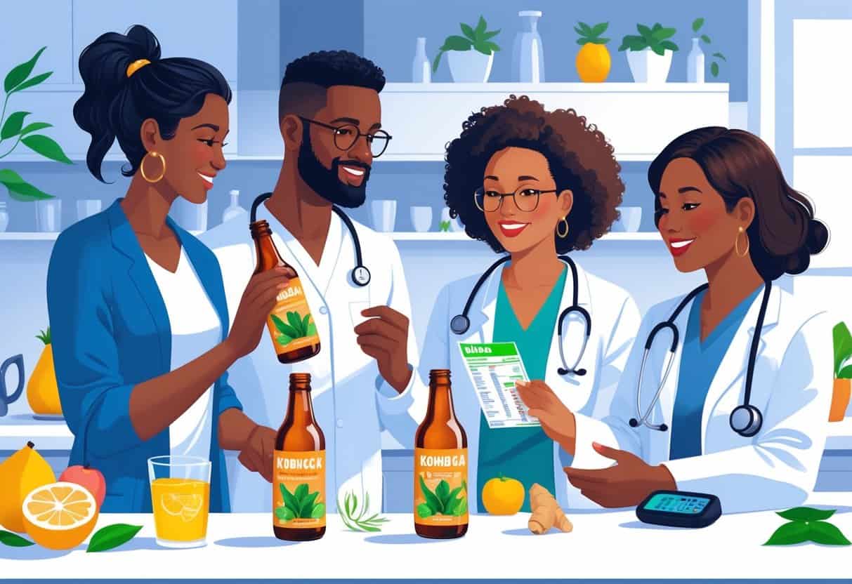 A group of adults in a kitchen examining kombucha bottles, with a healthcare professional explaining and a glucose meter on the counter.
