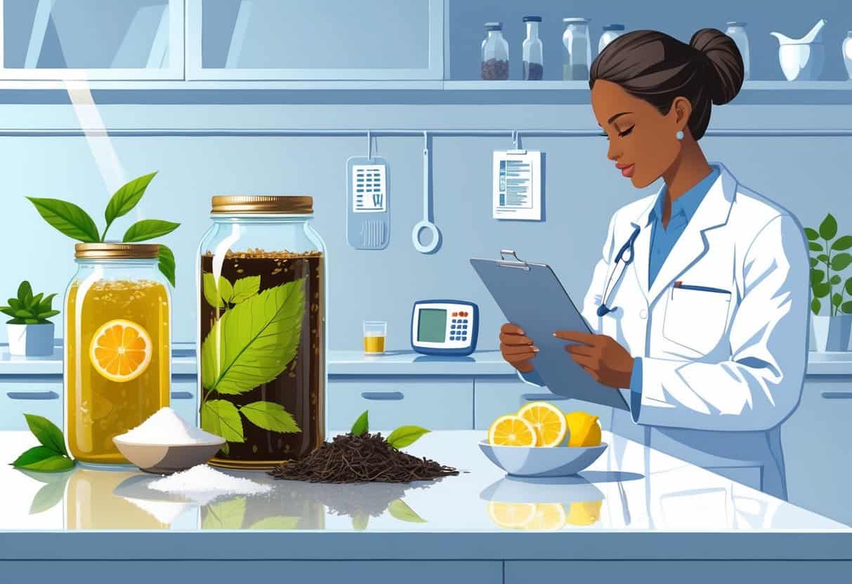 A kitchen countertop with a jar of kombucha, fresh ingredients, a medical professional holding a clipboard, and a glucose monitor in the background.