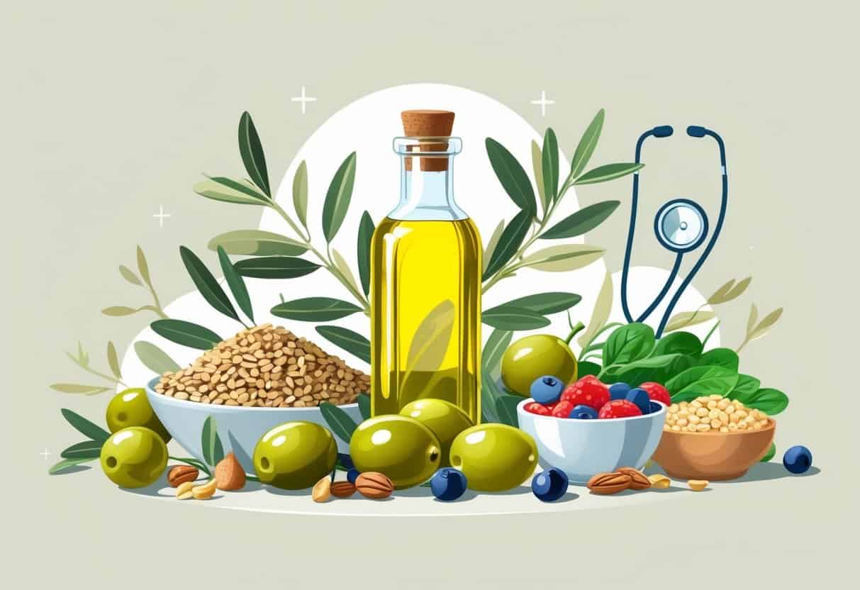 A clear bottle of olive oil surrounded by fresh olives, vegetables, nuts, and a glucose meter, symbolizing healthy food choices for diabetes management.