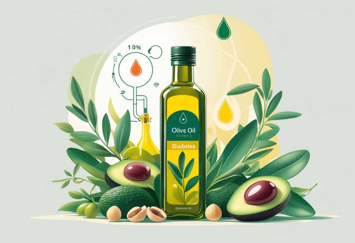 Illustration showing a bottle of olive oil surrounded by fresh healthy foods like olives, greens, nuts, and avocados, alongside symbols representing diabetes such as a glucose meter and a human figure highlighting the pancreas.