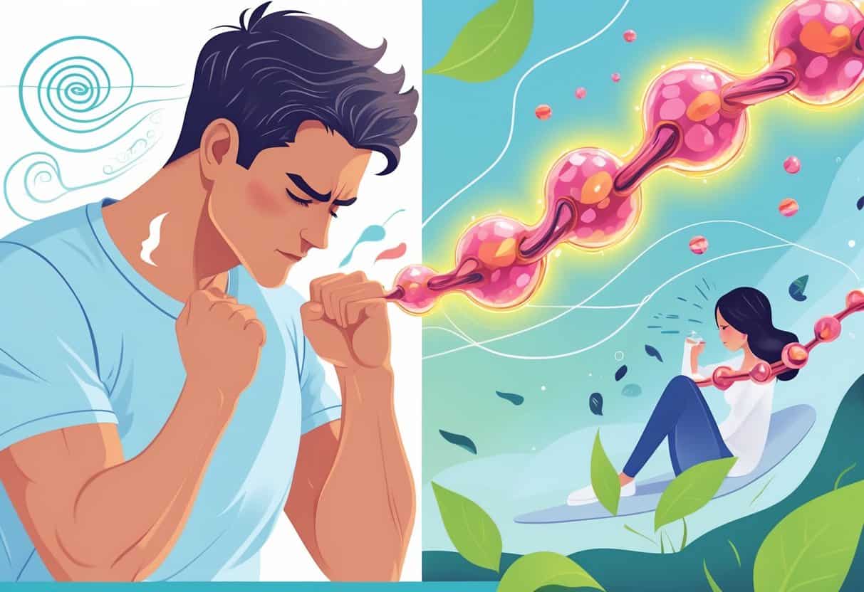 A person showing signs of stress connected by arrows to a bloodstream with elevated blood sugar, alongside calming imagery representing stress reduction.