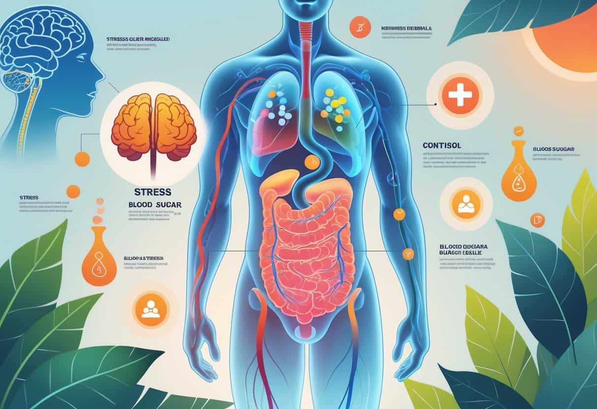 Illustration of a human figure showing the pancreas and blood vessels with visual representations of stress and elevated blood sugar, alongside calming elements symbolizing stress reduction.