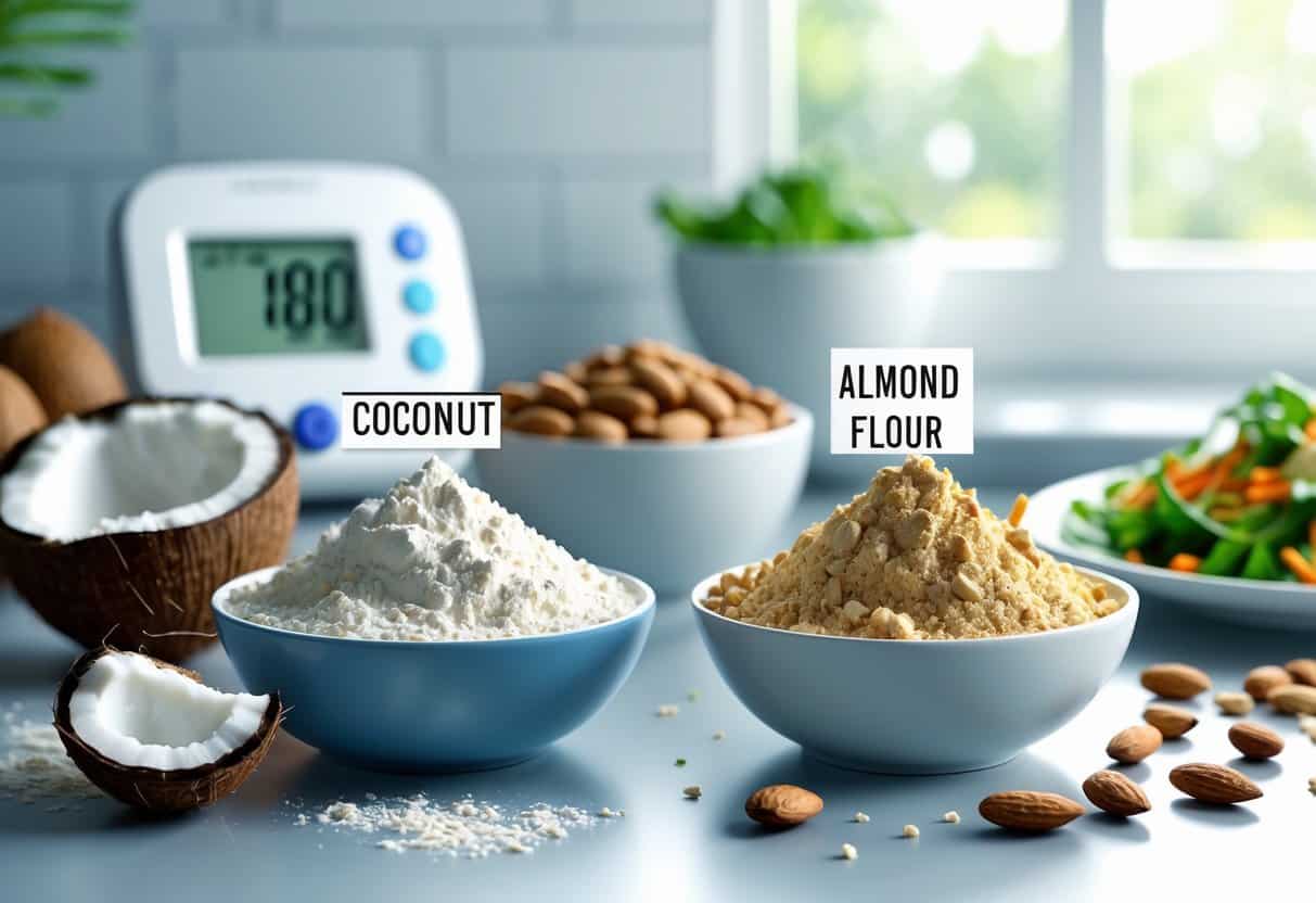 A kitchen countertop showing bowls of coconut flour and almond flour with a cracked coconut and almonds nearby, alongside a glucose monitor and a healthy meal plate.