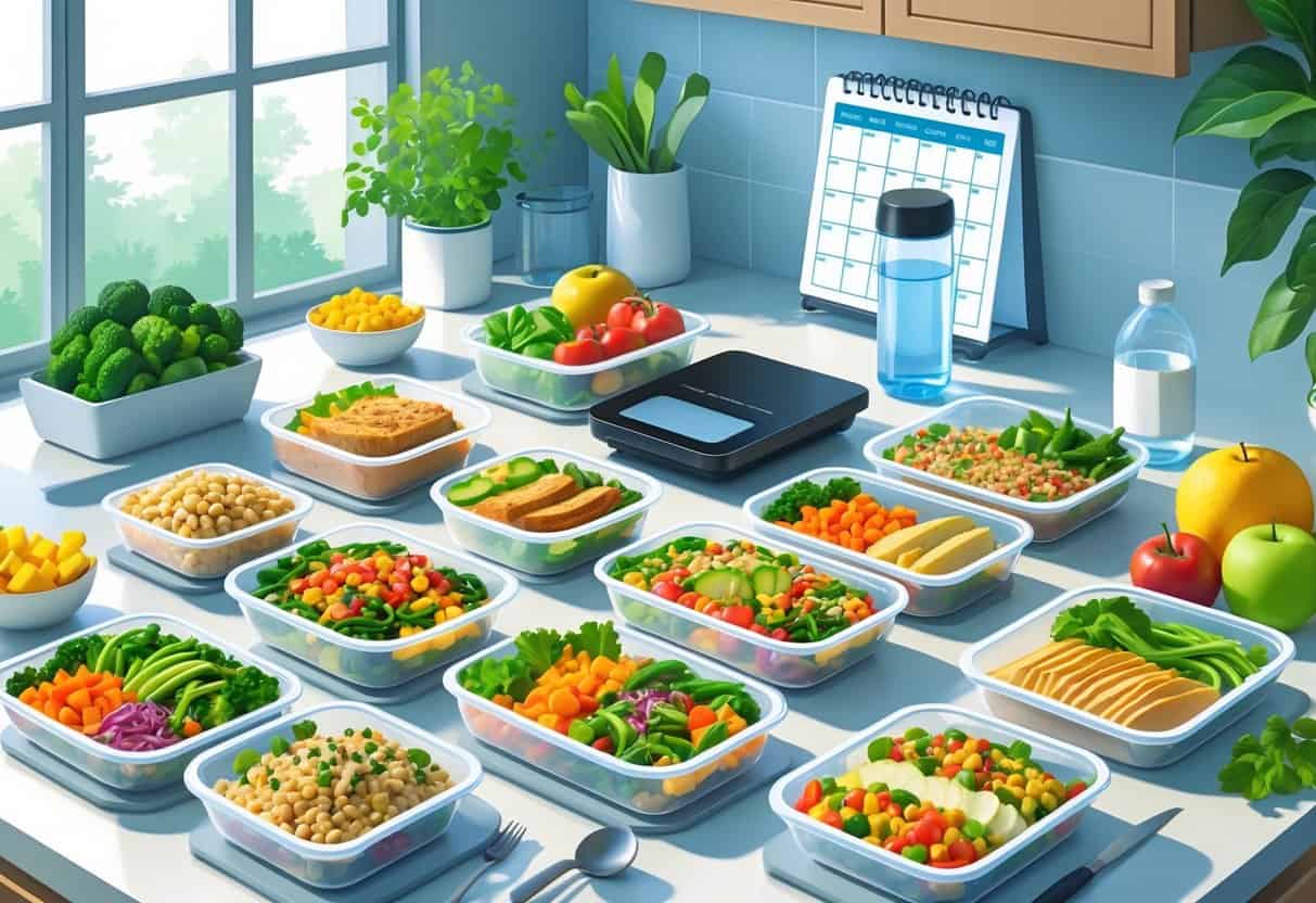 A kitchen countertop with organized containers of healthy food, kitchen tools, and a calendar, showing meal preparation for a busy person managing diabetes.
