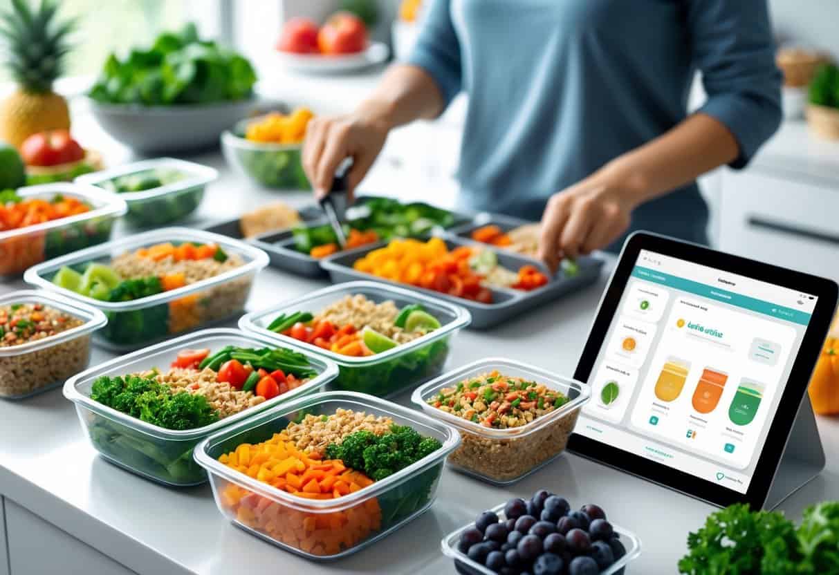 A person preparing healthy meals with colorful vegetables and proteins in containers on a kitchen counter, with a tablet nearby and diabetes management tools on the side.